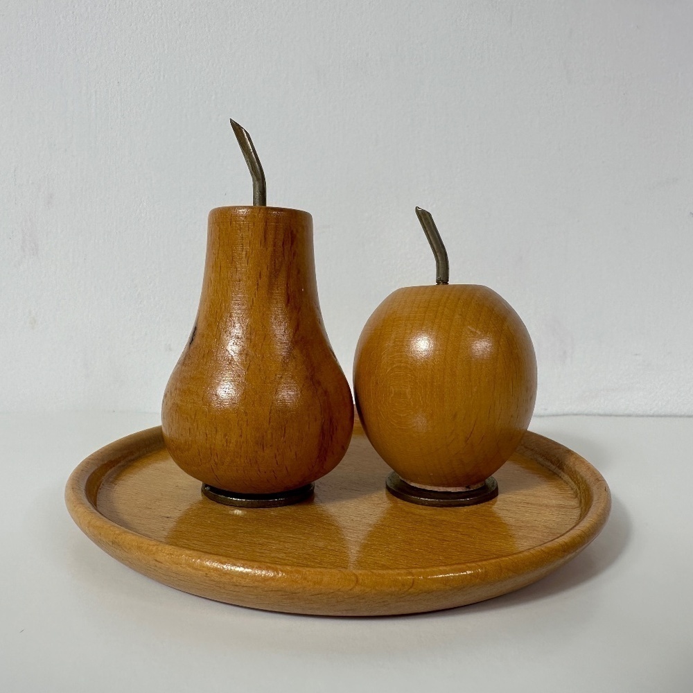 MCM Steneby H.P Walnut Wood Pear/ Apple Salt / Pepper Shaker with Tray